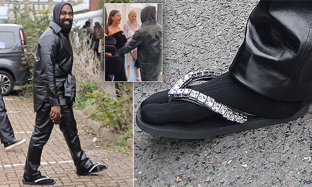 Kanye West wears flip flops with socks as he reunites with 'ex' Irina Shayk at Burberry's LFW show