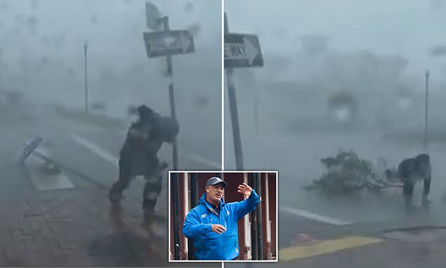 Terrifying moment intrepid weatherman braves 155mph winds and is HIT by a branch
