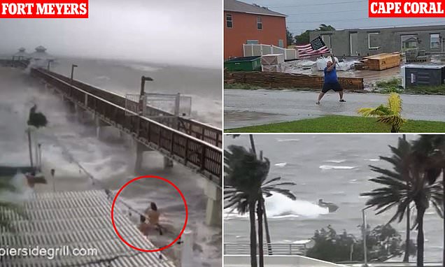 Florida residents spotted braving historic storm to wakeboard and even SWIM despite 18-foot swells
