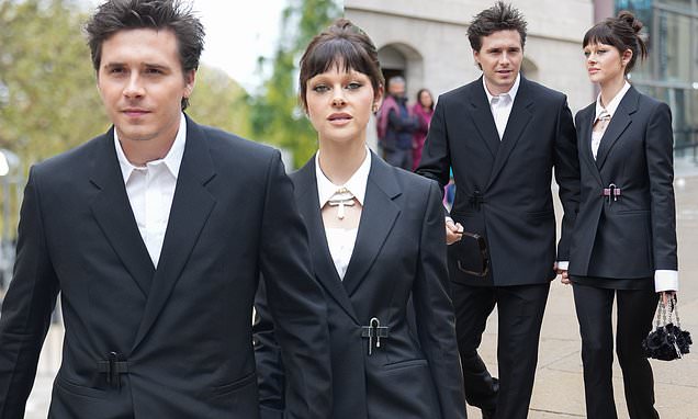 Brooklyn Beckham and wife Nicola Peltz match in black suits for Givenchy's PFW show