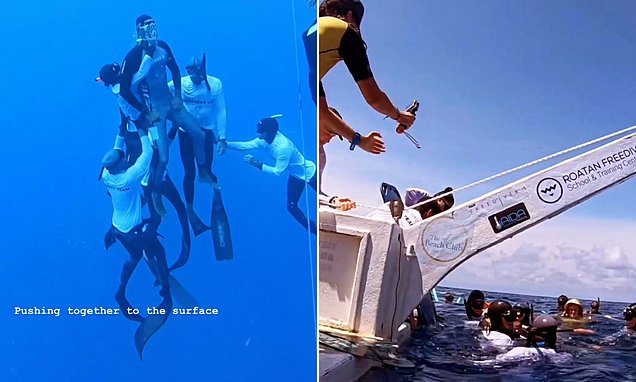 Astonishing moment freediver is saved after suffering a blackout 410 FEET below the surface