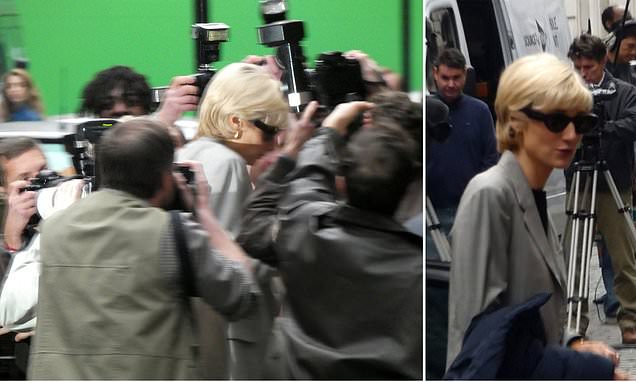 PICTURE EXCL: Elizabeth Debicki mirrors Princess Diana being swarmed by paparazzi filming The Crown