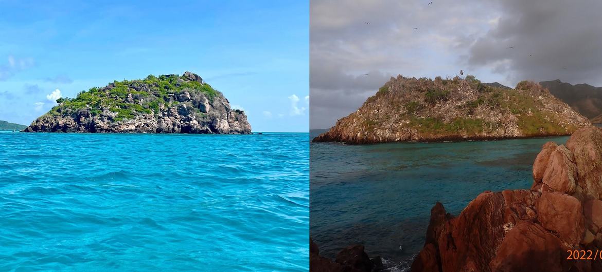 (Left) Crab Key in June 2022 (right) Crab Cay right after Hurricane Iota. (Left) Crab Key in June 2022 (right) Crab Cay right after Hurricane Iota.