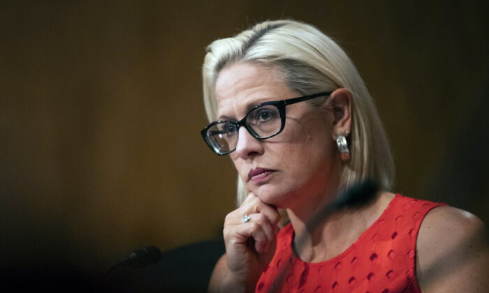 Sen. Kyrsten Sinema (D-Ariz.) is seen during a hearing in Washington on July 16, 2019. (Manuel Balce Ceneta/AP Photo)
